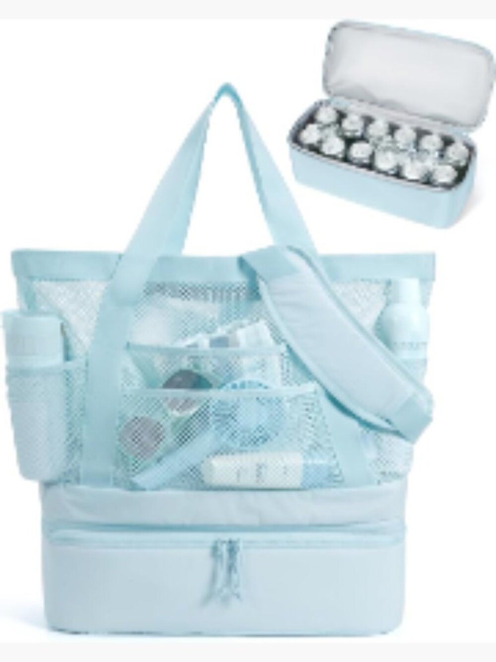 Mesh Beach Tote Bag with Cooler, Sandproof Zippered Travel Bag